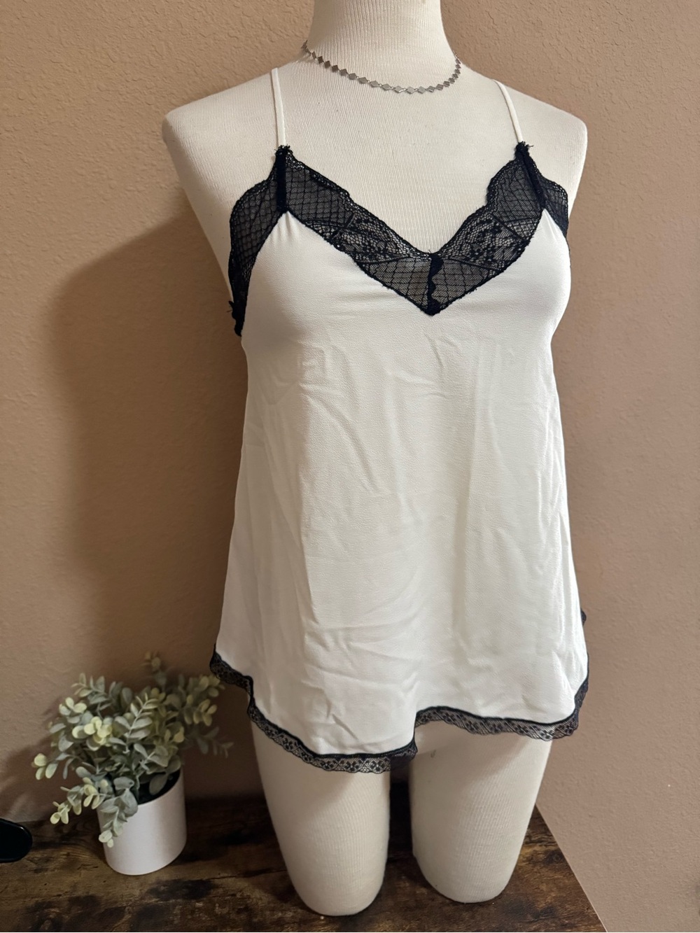 1. State White Camisol with Black Lace Trim